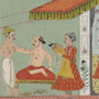 A raja being dressed by attendants Leaf from a Baramaasa by Keshavdas | c.1700 - 1725 | Amer School, Rajasthan | Size: 11 x 7 inches